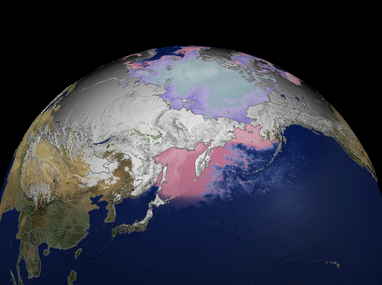 This image shows the snow cover and sea ice surface temperature on March 15, 2003. (Credit: NASA SVS)